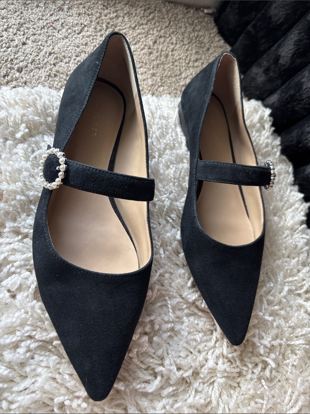 Ann Taylor Black Suede Pointed Mary Jane Flats with Pearl Buckle